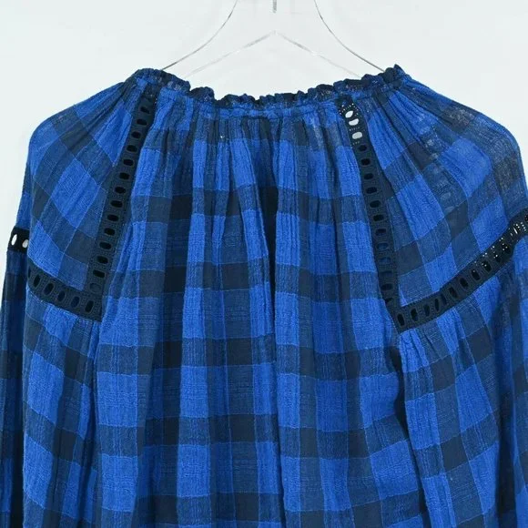 FREE PEOPLE Womens Size XS Honey Grove Blue Black Eyelet Ruffle Sleeve Plaid Top - Picture 6 of 9